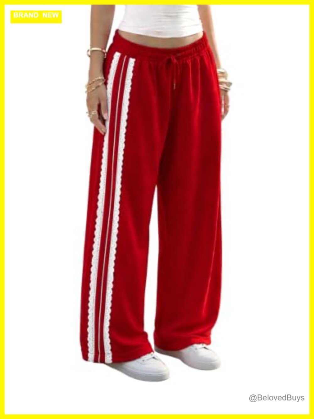 Wide Leg Track Pants Low Rise Lace Side Stripe Drawstring